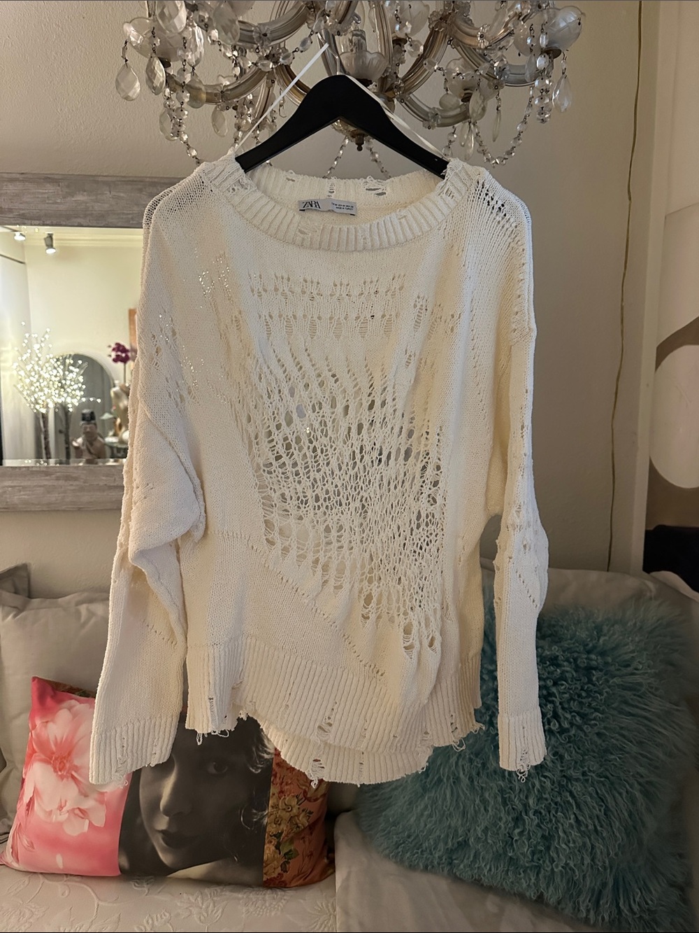 Zara Cream Open-Weave Distressed Crewneck Sweater